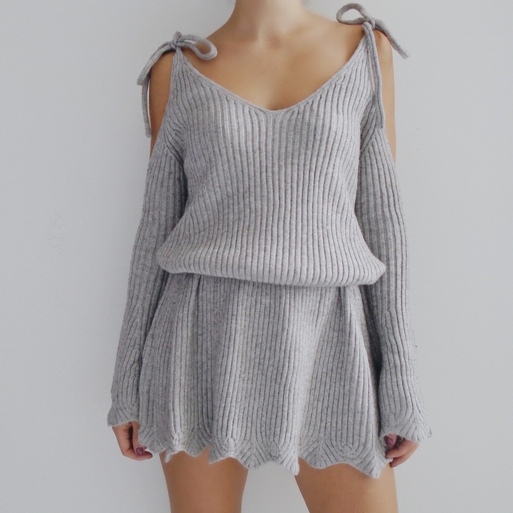 • Alina Gray Cold Shoulder Sweater Dress • - Picture 6 of 7