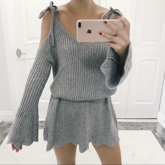 • Alina Gray Cold Shoulder Sweater Dress • - Picture 4 of 7