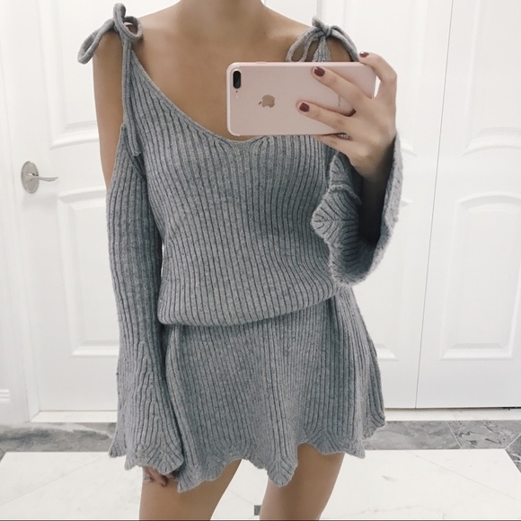• Alina Gray Cold Shoulder Sweater Dress • - Picture 5 of 7