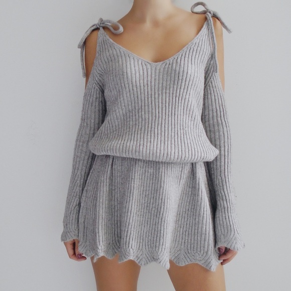 • Alina Gray Cold Shoulder Sweater Dress • - Picture 6 of 7