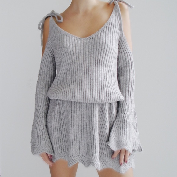 • Alina Gray Cold Shoulder Sweater Dress • - Picture 7 of 7