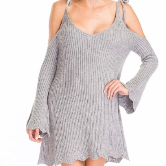 • Alina Gray Cold Shoulder Sweater Dress • - Picture 3 of 7