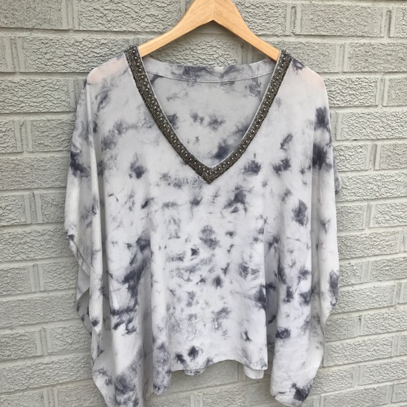 Elizabeth and James Tops - Elizabeth & James Silk Tie Dye Top Beaded V-Neck