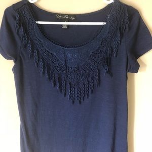 Navy Short Sleeve Fringe Top Sz L