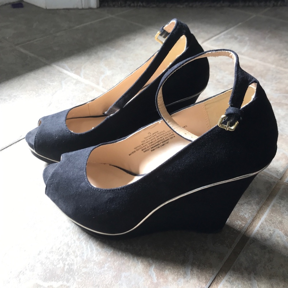 Black suede open peep toe wedges