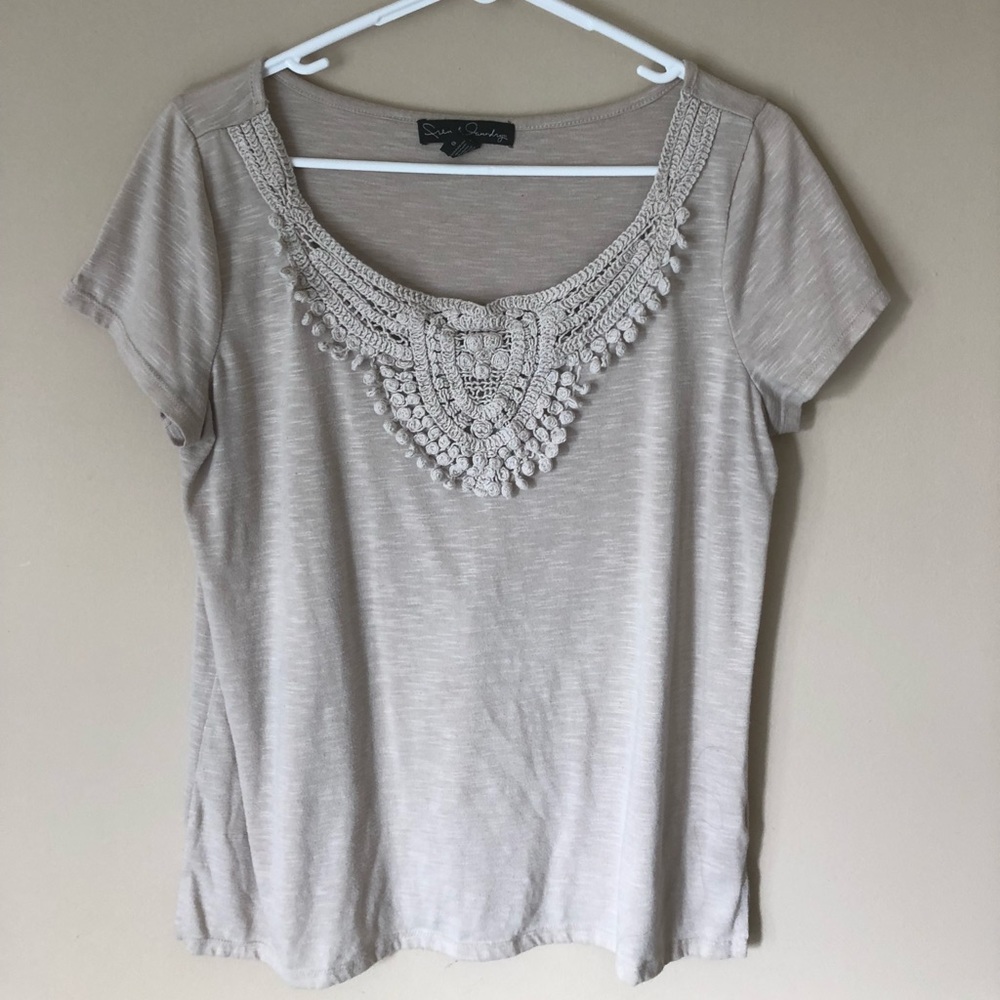 Beige Fringed Short Sleeve Top Sz L