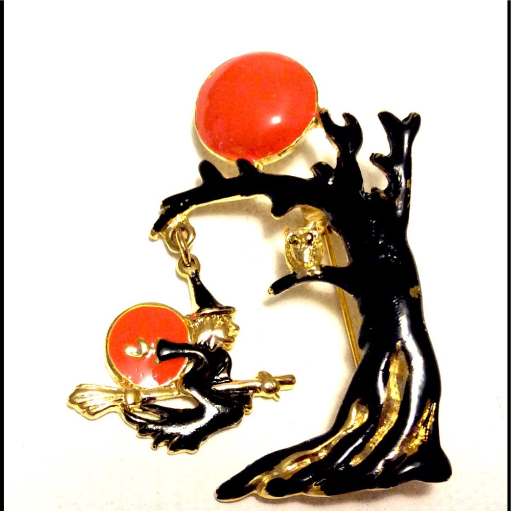 Witch  Moon Owl Halloween Pin Vintage