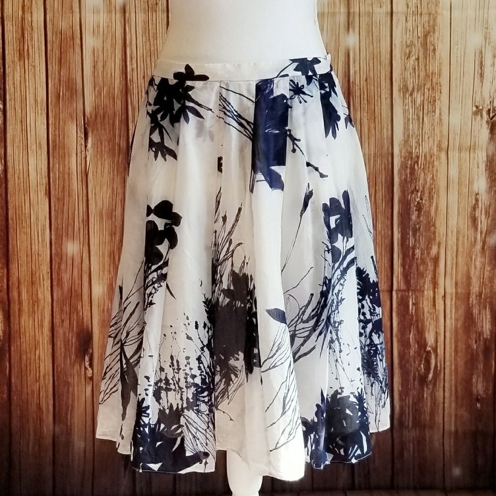 Cotton Silk Navy & White Floral Watercolor Skirt