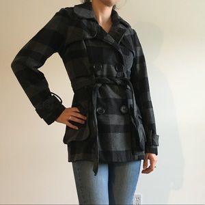 Gray and Black plaid pea coat