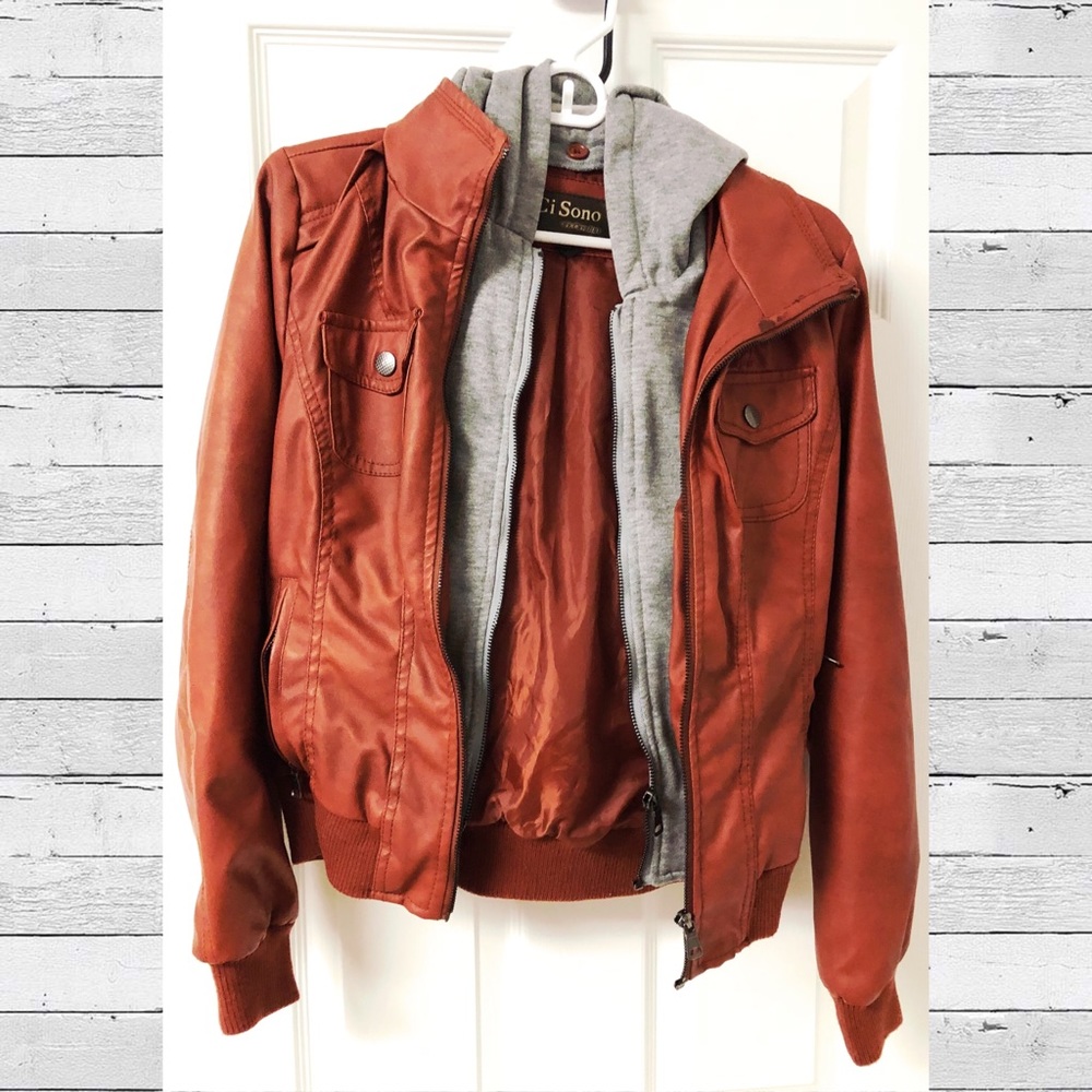 Rust colored pleather jacket with removable hood