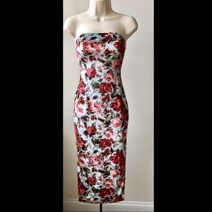 Velvet Floral Bodycon Midi Strapless Party Dress