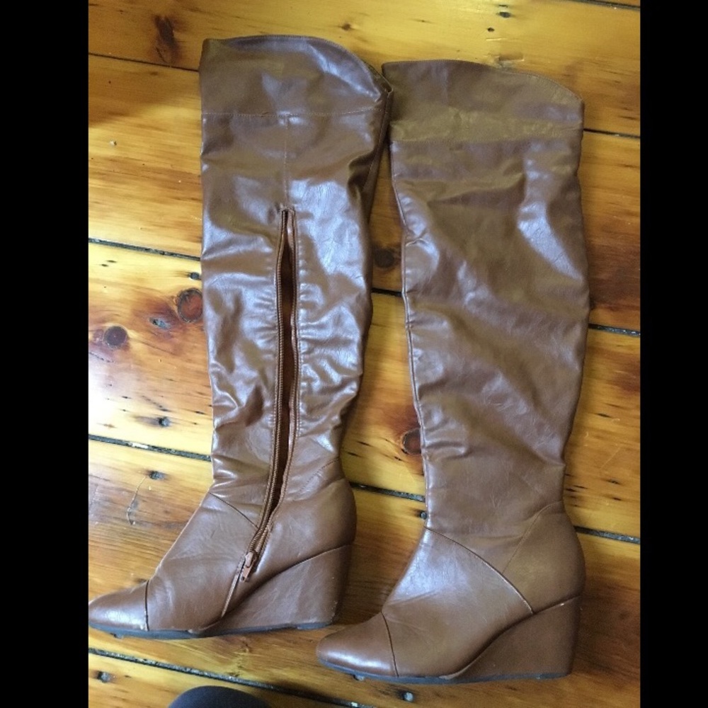 Thigh high brown wedges boots