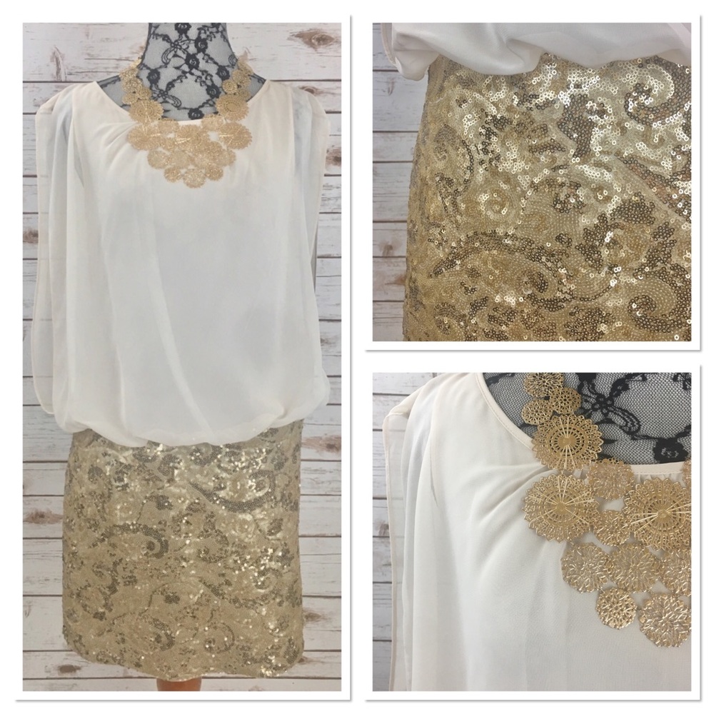 Aidan Mattox Blouson Sequin Dress in gold & ivory
