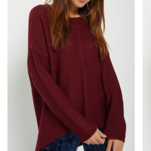 Sweaters - Burgundy High Low Ribbed Front Sweater