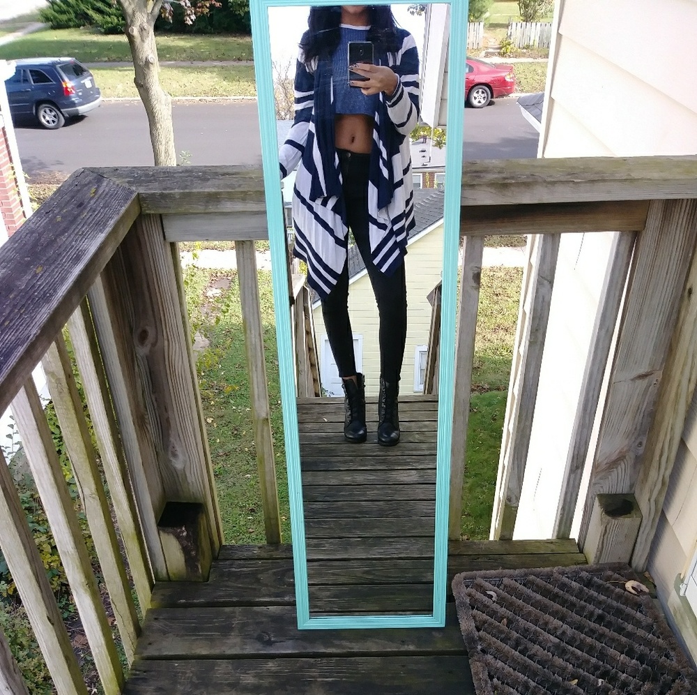 Long navy and white striped sweater