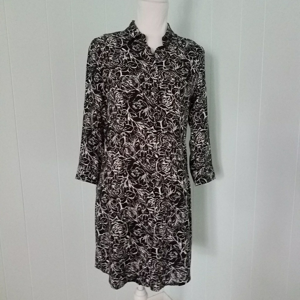 Black and White with Roses all Over Shirt Dress