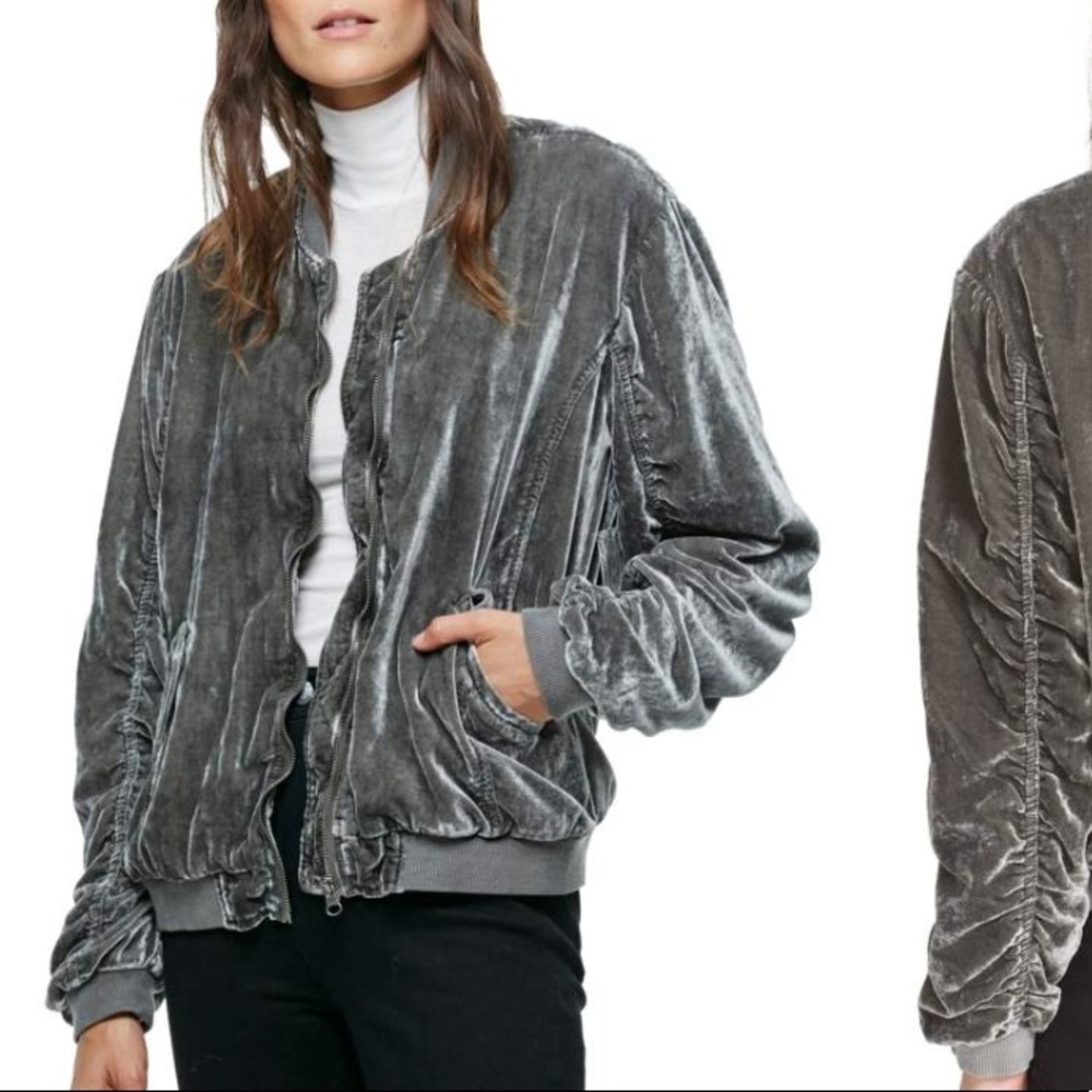 Free People Ruched Velvet Bomber Jacket