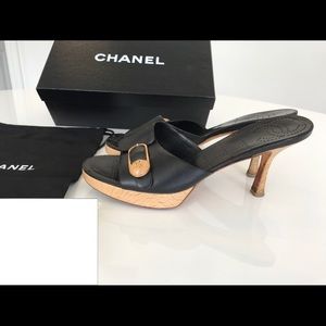 Vintage CHANEL Black Open-Toe Slip-On Heels
