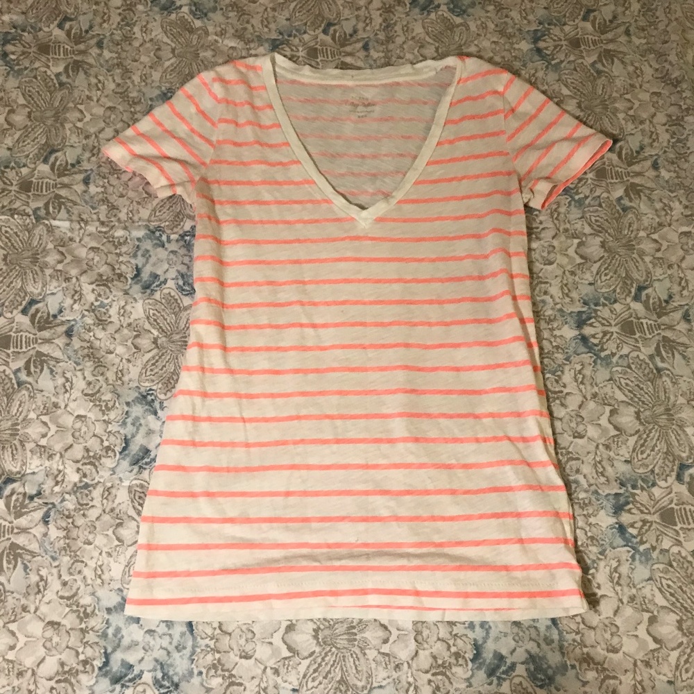 J. Crew White & Neon Pink Striped V Neck Tee Shirt