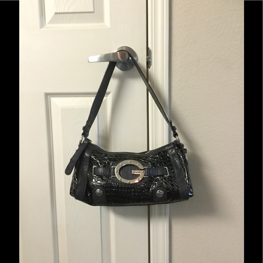 GUESS crocodile embossed shoulder bag navy blue