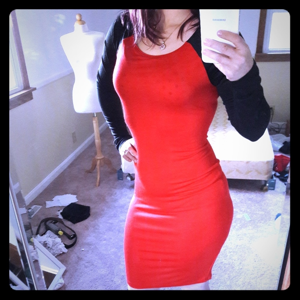 Go jane raglan sexy red knit wiggle dress l