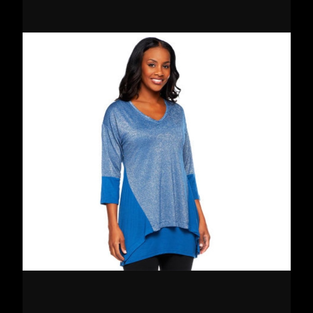 LOGO by Lori Goldstein blue layered top 1X