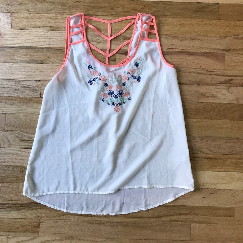 Sheer high low embroidered tank
