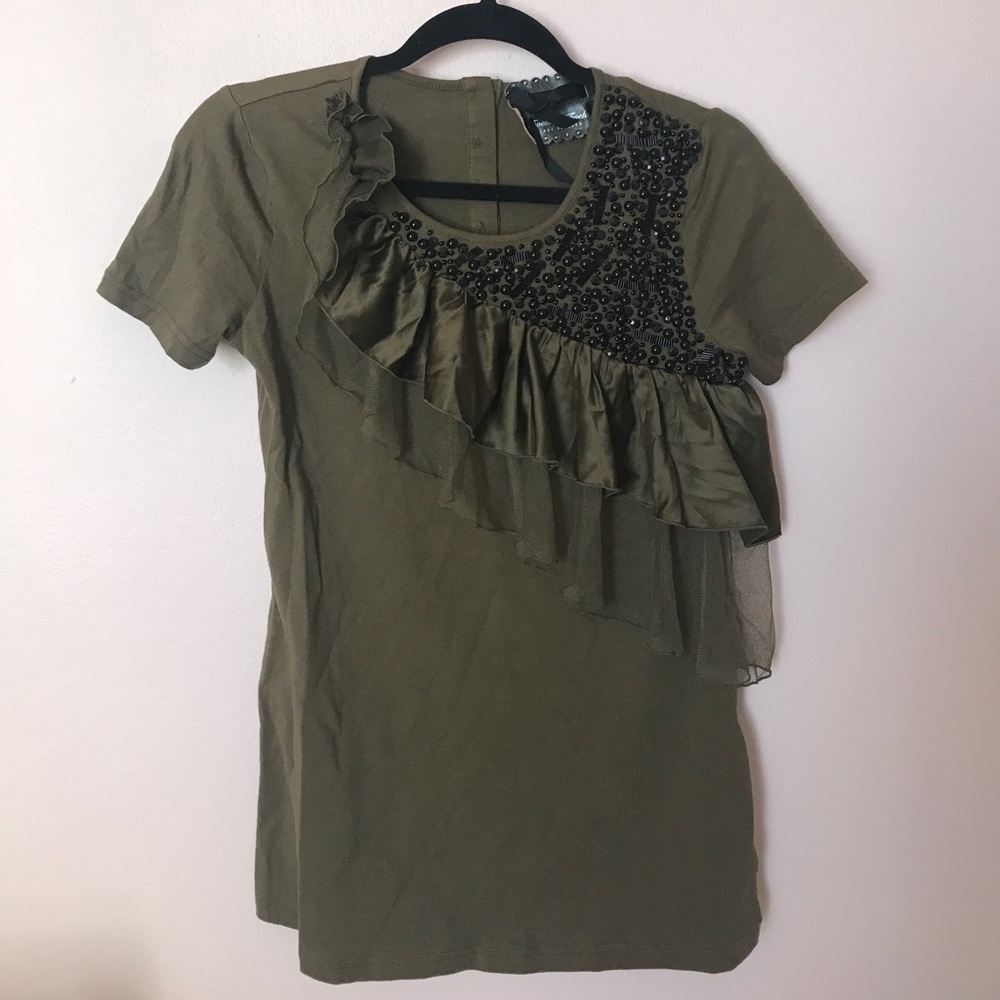 Olive green ruffle top with black beadwork