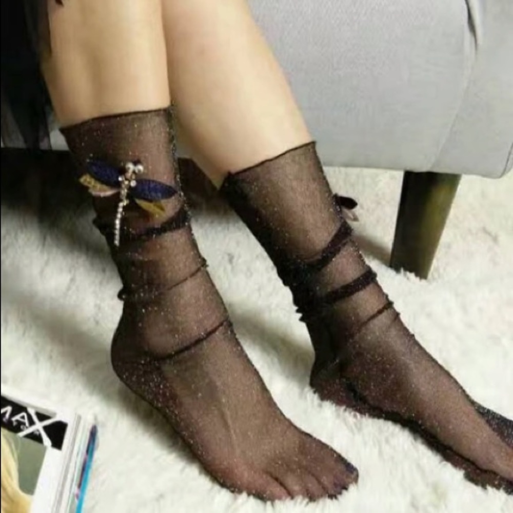 SOLD Glittery black socks with dragonfly - Picture 1 of 5