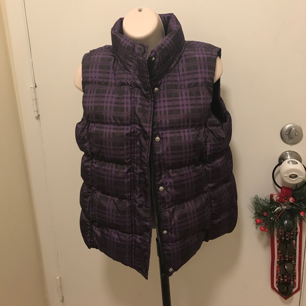 Plaid purple and black puffer vest