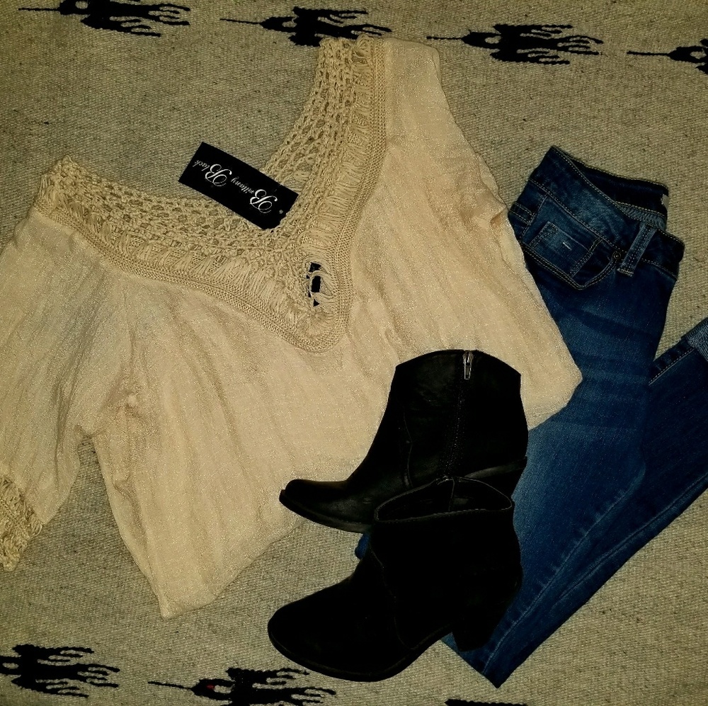 Cream Blouse w/ Crochet Detailing