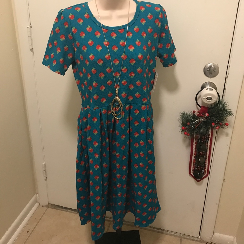 Teal and strawberry printed Lularoe Amelia dress