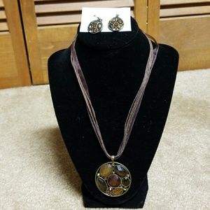 Necklace and earring set rust gold brown stones