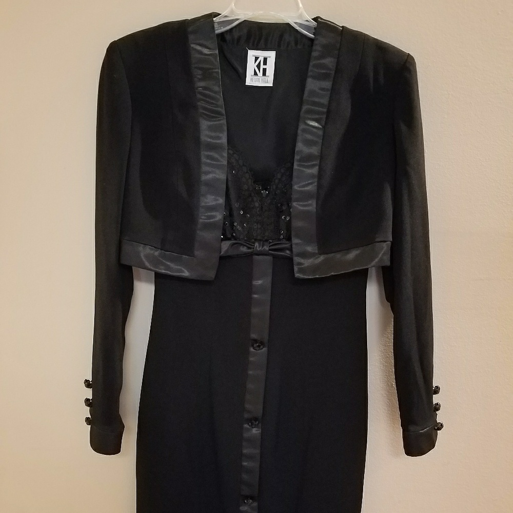 Kevan Hall black cocktail dress with silk trim