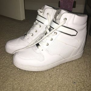 All white sneaker wedges by guess