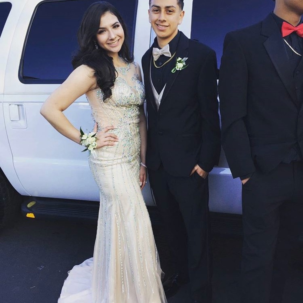 Champaign rhinestoned prom dress