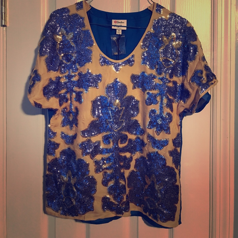 NWT beige and blue sequin embellished top