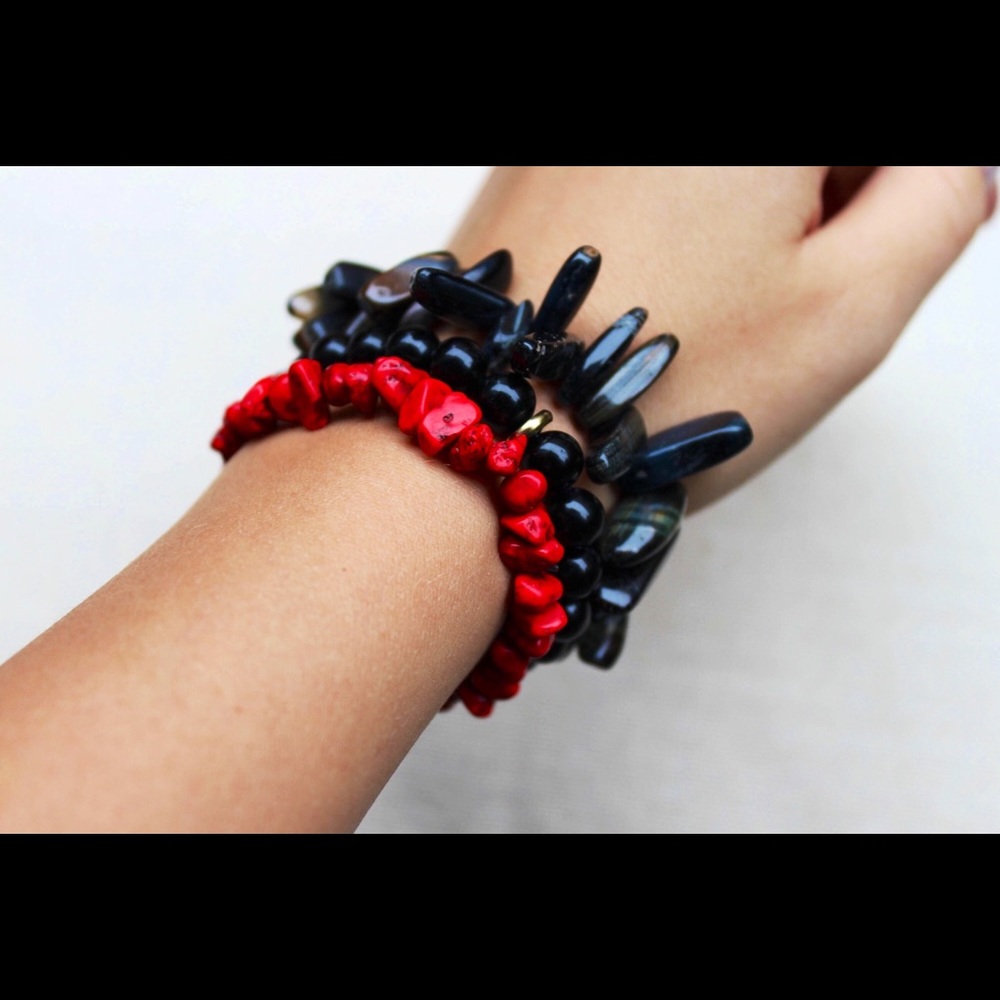 Red and black bracelet stack