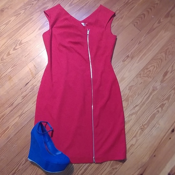 calvin klein red zipper dress Calvin Klein Collared V-Neck Front Zipper Red Dress Size 6,10