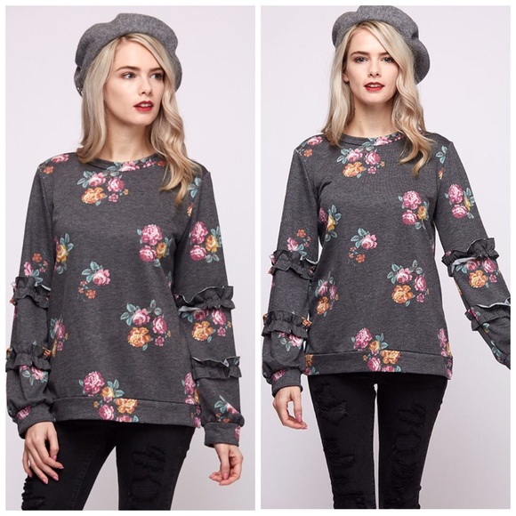 LAST 1!  Ruffle Sleeve Charcoal Floral Sweatshirt - Picture 3 of 5