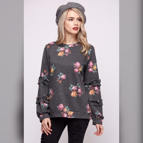 LAST 1!  Ruffle Sleeve Charcoal Floral Sweatshirt - Picture 4 of 5