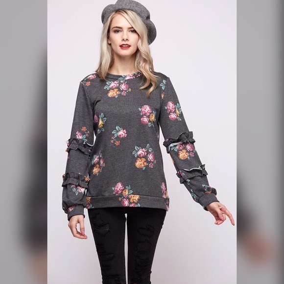 LAST 1!  Ruffle Sleeve Charcoal Floral Sweatshirt - Picture 5 of 5