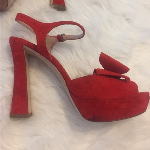 Miu Miu Red Suede Camoscio Lacca Bow Platforms - Picture 5 of 8
