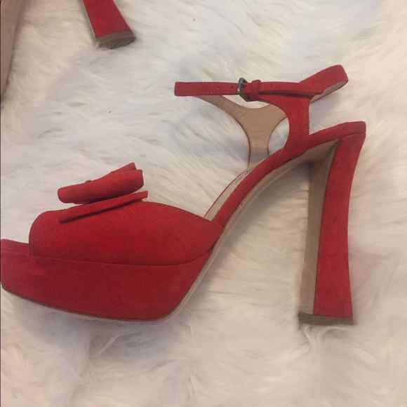 Miu Miu Red Suede Camoscio Lacca Bow Platforms - Picture 6 of 8