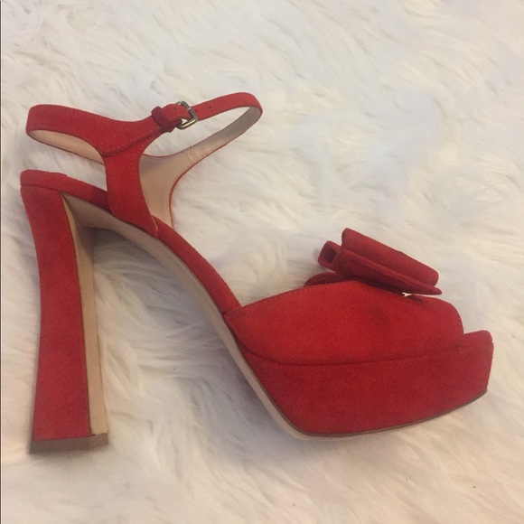 Miu Miu Red Suede Camoscio Lacca Bow Platforms - Picture 7 of 8