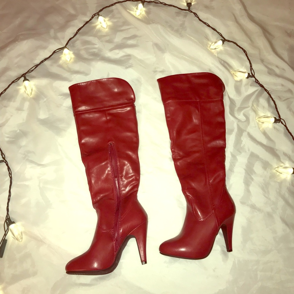 Red leather knees high boots