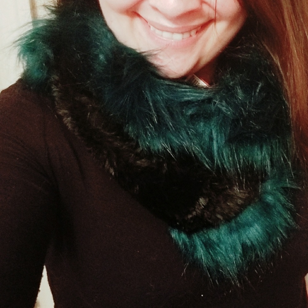 Green and black faux fur infinity scarf