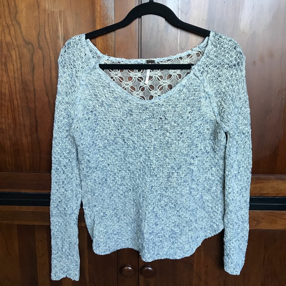 Blue+white cozy sweater with sheer lace back