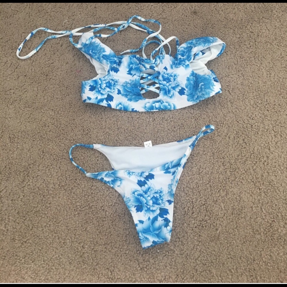 Blue and white bikini