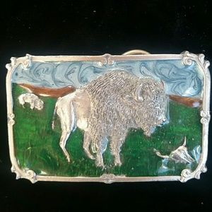Buffalo Belt Buckle Silver Blue Green Enamel